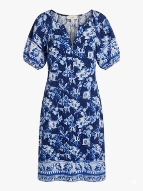 LOFT Blue White Coastal Floral Shift Midi Dress Button Front V-Neck Puff XXSP